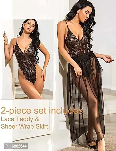 AmiLuv Lingerie for Women Babydoll Sexy Mesh Maxi Nightdress Strappy Exotic Sleepwear Side Slits Black-thumb4