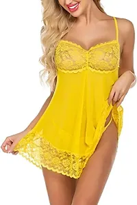 AmiLuv Women Polyester Blend Solid Above The Knee Babydoll Lingerie Nighty for Women Above Knee Baby Doll Night Dress Semi Transparent Yellow-thumb1