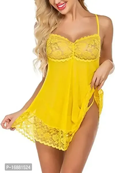 AmiLuv Women Polyester Blend Solid Above The Knee Babydoll Lingerie Nighty for Women Above Knee Baby Doll Night Dress Semi Transparent Yellow-thumb2