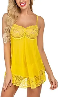 AmiLuv Women Polyester Blend Solid Above The Knee Babydoll Lingerie Nighty for Women Above Knee Baby Doll Night Dress Semi Transparent Yellow-thumb2