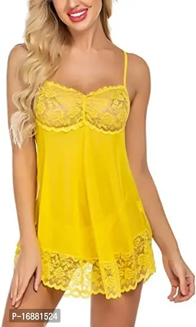 AmiLuv Women Polyester Blend Solid Above The Knee Babydoll Lingerie Nighty for Women Above Knee Baby Doll Night Dress Semi Transparent Yellow-thumb3