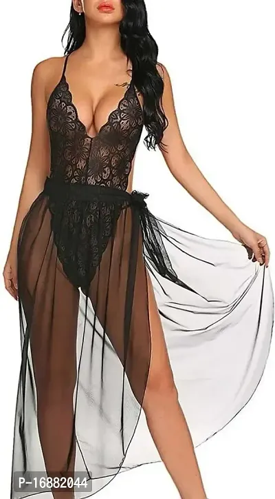 AmiLuv Lingerie for Women Babydoll Sexy Mesh Maxi Nightdress Strappy Exotic Sleepwear Side Slits Black
