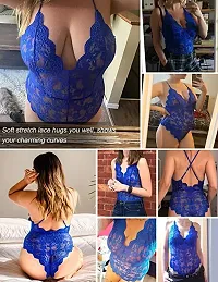 AmiLuv Women One Piece Lingerie Deep V Teddy Style Sexy Lace Bodysuit (Free Size, Royal Blue)-thumb1