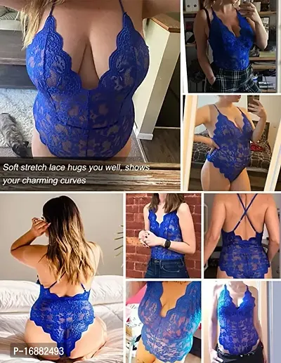 AmiLuv Women One Piece Lingerie Deep V Teddy Style Sexy Lace Bodysuit (Free Size, Royal Blue)-thumb2