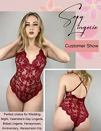 AmiLuv Women One Piece Lingerie Deep V Teddy Style Sexy Lace Bodysuit (Free Size, Maroon)-thumb4