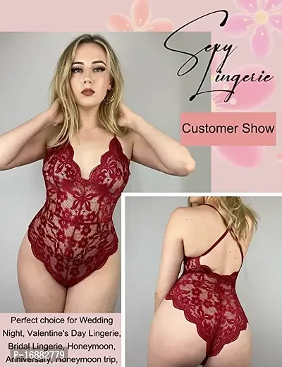 AmiLuv Women One Piece Lingerie Deep V Teddy Style Sexy Lace Bodysuit (Free Size, Maroon)-thumb5