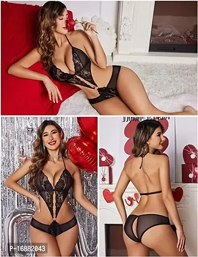 AmiLuv Ceniz Women Deep V Lingerie Lace Teddy One Piece Babydoll Mini Bodysuit (Free Size, Black)-thumb3