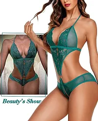 AmiLuv Ceniz Women Deep V Lingerie Lace Teddy One Piece Babydoll Mini Bodysuit (Free Size, Green)-thumb1