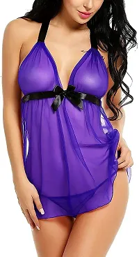 AmiLuv Women's Sexy Lingerie with G-String Panty 90% Net  10% Polyester Above Knee Babydoll for Honeymoon Purple-thumb2