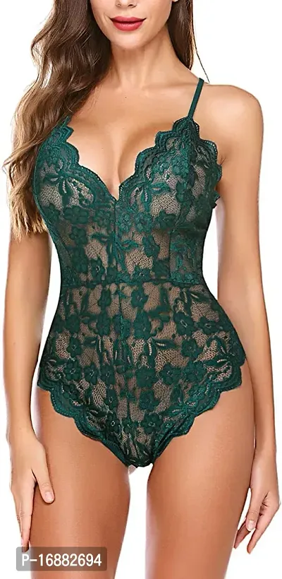 AmiLuv Women One Piece Lingerie Deep V Teddy Style Sexy Lace Bodysuit (Free Size, Green)