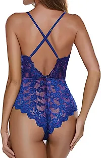 AmiLuv Women One Piece Lingerie Deep V Teddy Style Sexy Lace Bodysuit (Free Size, Royal Blue)-thumb3