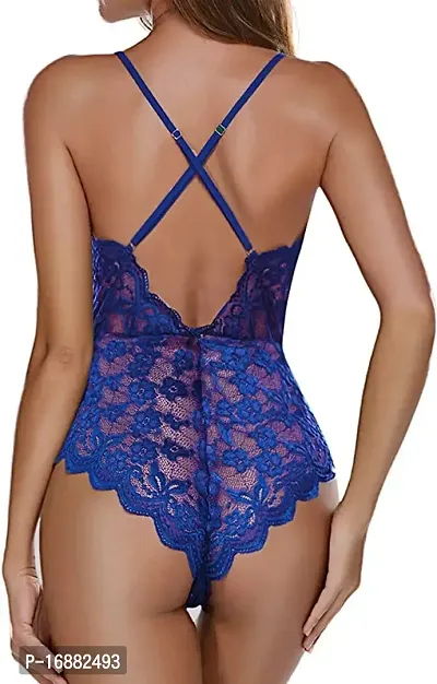 AmiLuv Women One Piece Lingerie Deep V Teddy Style Sexy Lace Bodysuit (Free Size, Royal Blue)-thumb4