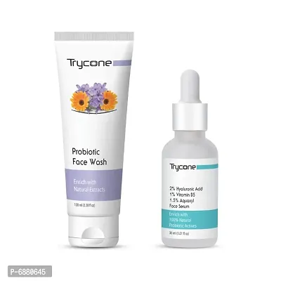 Trycone2% Hyaluronic Acid, 1% Vitamin B5, 1.5% Aquaxyl Face Serum  Probiotic Face Wash, Combo Pack of 2, 130 ml