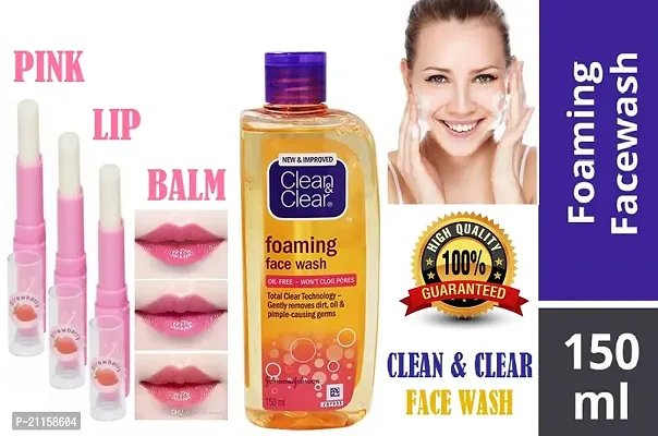 Clean  Clear Foaming Face Wash 150 ml  Pink Lipbam (Pack Of-3)