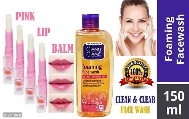 Clean  Clear Foaming Face Wash 150 ml  Pink Lipbam (Pack Of-4)