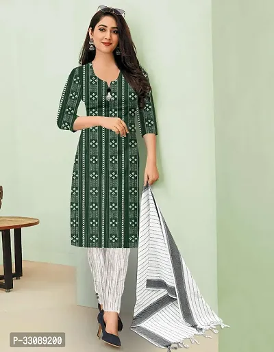 Stylish Green Khadi Cotton Printed Kurta Bottom and Dupatta Set For Women-thumb0