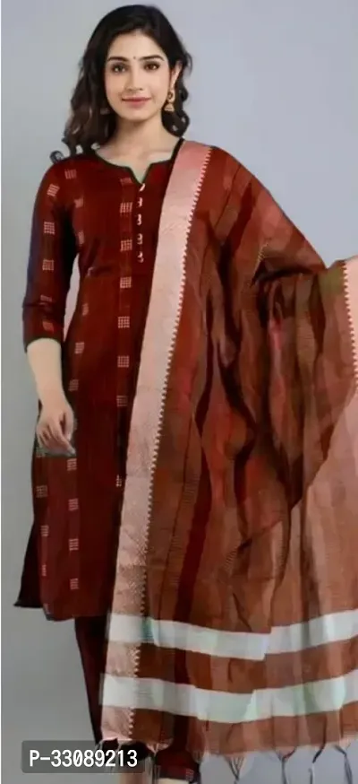 Stylish Maroon Khadi Cotton Printed Kurta Bottom and Dupatta Set For Women-thumb0