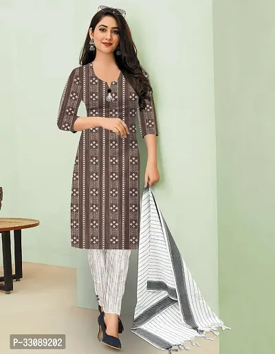 Stylish Grey Khadi Cotton Printed Kurta Bottom and Dupatta Set For Women-thumb0