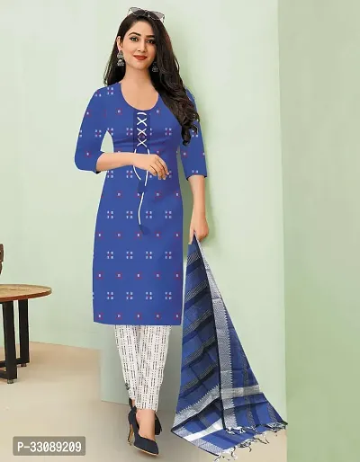 Stylish Blue Khadi Cotton Printed Kurta Bottom and Dupatta Set For Women-thumb0