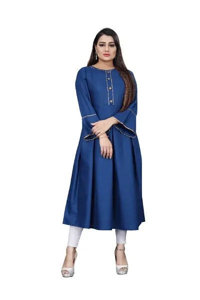 Fancy Solid Blue Cotton Stitched Anarkali Kurta For Women