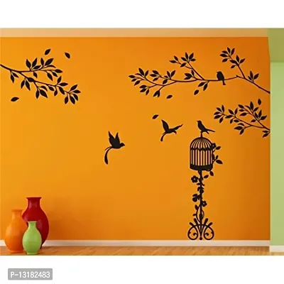 Heaven Decors Tree With Bird Cage Vinyl Wall Sticker And Wallpaper (59 X 97Cm Black)-thumb2