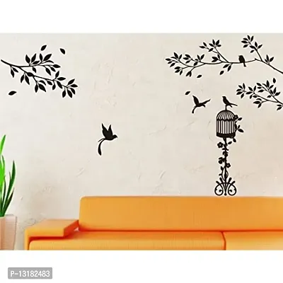 Heaven Decors Tree With Bird Cage Vinyl Wall Sticker And Wallpaper (59 X 97Cm Black)-thumb0