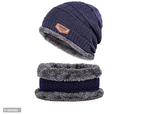 Winter Knit Neck Warmer Scarf and Set Skull Cap for Men Women/Winter Cap for Men BLUE-thumb0