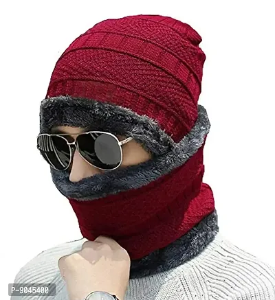 Mens and Womens Winter Beanie Hat Scarf Set Warm Knit Hat Thick Fleece Lined Winter Cap Scarves RED-thumb0