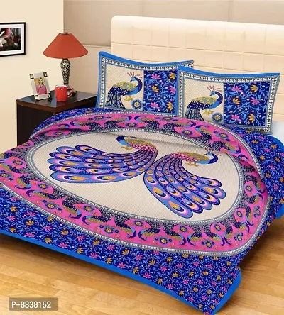Cotton Blue Rajasthani Printed Bedsheet With 2 Pillow Covers-thumb0