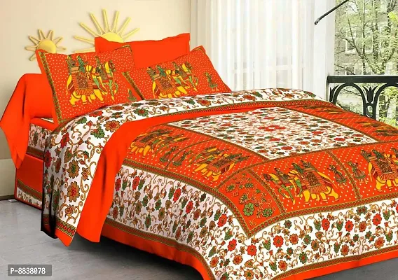 Cotton Orange Rajasthani Printed Bedsheet With 2 Pillow Covers-thumb0