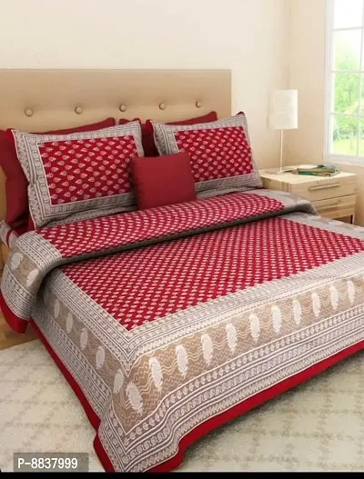Cotton Red Jaipuri Printed Bedsheet With 2 Pillow Covers-thumb0