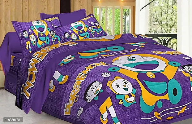 Cotton Purple Cartoon Characters Bedsheet With 2 Pillow Covers-thumb0