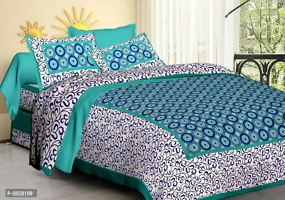 Cotton Turquoise Jaipuri Printed Bedsheet With 2 Pillow Covers-thumb0