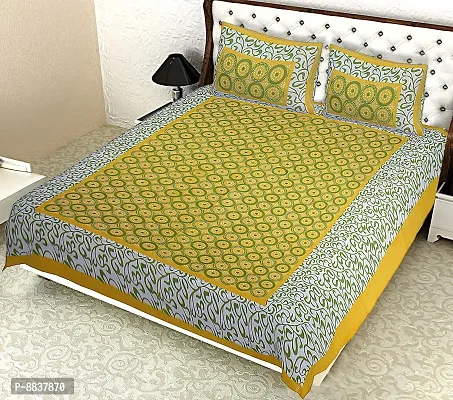 Cotton Yellow Printed Bedsheet With 2 Pillow Covers