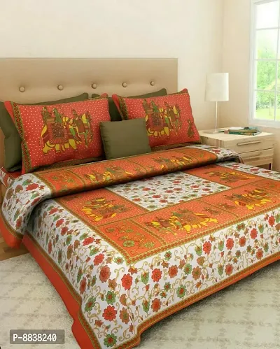 Cotton Orange Jaipuri Printed Bedsheet With 2 Pillow Covers