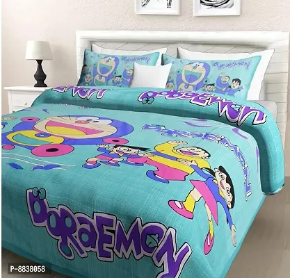 Cotton Turquoise Cartoon Characters Bedsheet With 2 Pillow Covers-thumb0