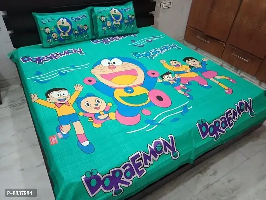 Cotton Sea Green Cartoon Characters Bedsheet With 2 Pillow Covers-thumb0