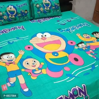 Cotton Sea Green Cartoon Characters Bedsheet With 2 Pillow Covers-thumb2