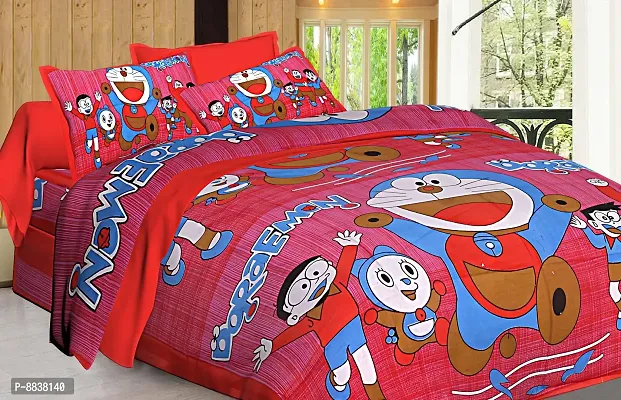 Cotton Red Cartoon Characters Bedsheet With 2 Pillow Covers-thumb0