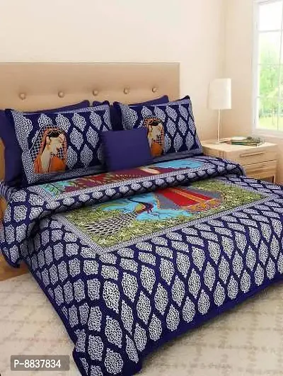 Cotton Navy Blue Rajasthani Printed Bedsheet With 2 Pillow Covers-thumb0