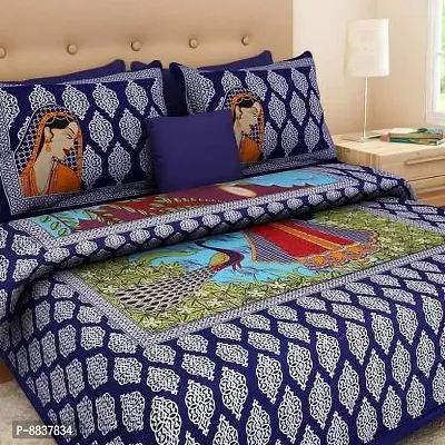 Cotton Navy Blue Rajasthani Printed Bedsheet With 2 Pillow Covers-thumb2