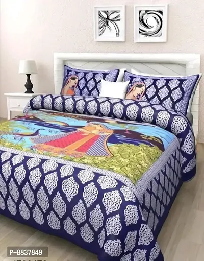 Cotton Navy Blue Rajasthani Printed Bedsheet With 2 Pillow Covers-thumb0