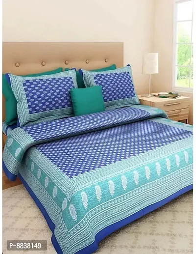 Cotton Blue Jaipuri Printed Bedsheet With 2 Pillow Covers-thumb0
