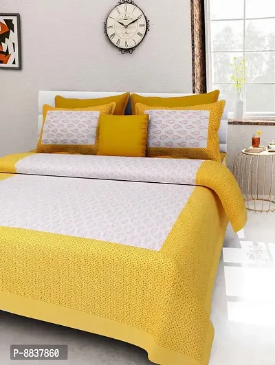 Cotton Yellow Printed Bedsheet With 2 Pillow Covers-thumb0