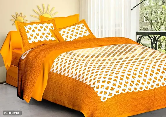 Cotton Orange Jaipuri Printed Bedsheet With 2 Pillow Covers-thumb0
