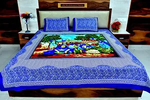 Cotton Blue Rajasthani Printed Bedsheet With 2 Pillow Covers-thumb1