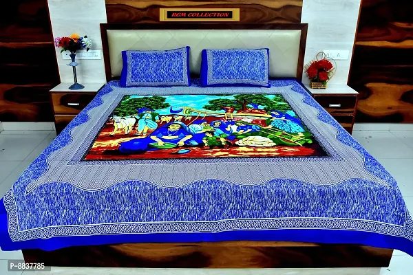 Cotton Blue Rajasthani Printed Bedsheet With 2 Pillow Covers-thumb2