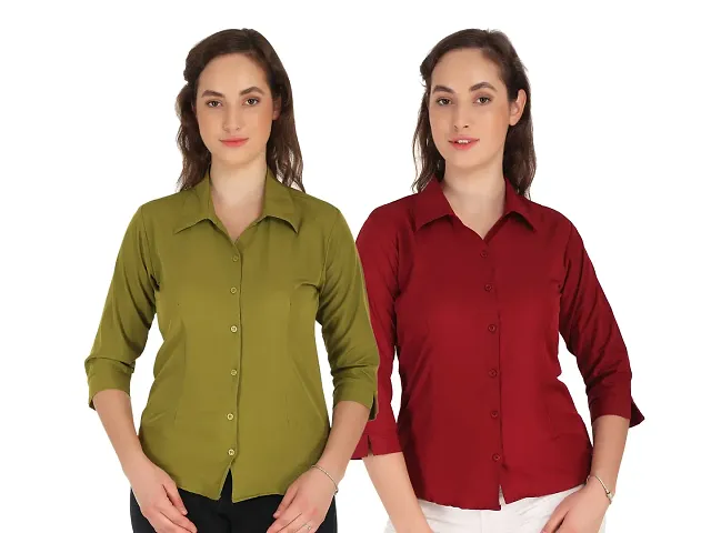 Miranga Formal Women and Girls 3/4 Sleeves Shirts (MIR_41_14AFFGR_14RED_Small_Affem Green and Red_Pack of 2)