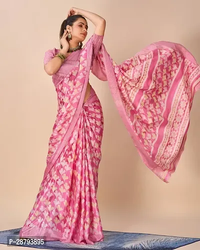 Stylish Crepe Pink Printed Saree with Blouse piece For Women