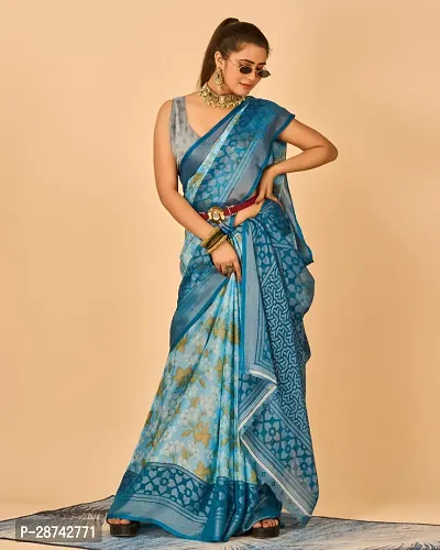 Stylish Blue Chiffon Printed Banarasi Silk Saree With Blouse Piece For Women